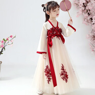 薩肯貓（SAKENMAO）兒童漢服女童古裝衣服春夏裝中國風(fēng)仙女裙唐裝仙服裝古裝裙套裝 紅色長(cháng)袖(送流蘇頭飾. 110