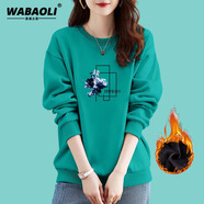 WABAOLI高端品牌 純棉圓領印花套頭長袖衛(wèi)衣女秋冬季款大碼韓版寬松顯瘦 孔雀藍加絨冬款 XL 建議體重120-130斤