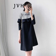 JVH香港潮牌條紋襯衫連衣裙女 2025春季新款休閑大碼寬松衛衣直筒裙 藏青色 XL