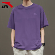 安踏（ANTA）短袖t恤男夏季新款針織透氣logo復古休閑寬松純色打底衫 8125-8晶石紫 棉滌款 XL