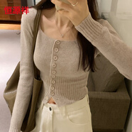 恒源祥辣妹短款方領(lǐng)針織開衫女內(nèi)搭秋冬季修身紅色毛衣打底衫大領(lǐng)口上衣 燕麥色 M