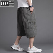 JEEP SPIRIT加肥加大碼七分褲男純棉寬松多口袋工裝短褲肥佬褲胖子休閑中褲薄 T2016/灰綠色 5XL 適合220-240斤體重