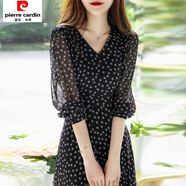 皮爾卡丹氣質(zhì)法式碎花裙2025夏季新V領(lǐng)黑色雪紡波點(diǎn)連衣裙女收腰裙子 黑色 L