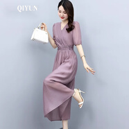 QIYUN品牌女裝 新款天絲連衣裙女2024年新款夏季品牌高端歐貨氣質(zhì)長裙 紫粉色 M 【建議105斤以下】