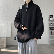 NEW OR MODE開(kāi)衫毛衣男士秋冬季純色拉鏈BF風(fēng)中性針織衫加厚保暖寬松外套上衣 黑色 2XL