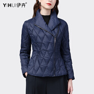 伊卉（YIHUI）設(shè)計(jì)感羽絨服短款輕薄款職業(yè)機(jī)車外套女冬季90白鴨絨夾克 藍(lán)色 XL