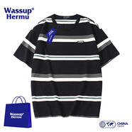 WASSUP HERMU短袖t恤男夏季條紋寬松潮牌情侶夏裝圓領(lǐng)黑白條紋休閑學(xué)院上衣服 黑白條紋 L