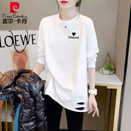 皮爾卡丹棉質(zhì)破洞中長款T恤女2025秋冬新款寬松慵懶百搭基礎(chǔ)款上衣 白色【愛心字母標(biāo)黑】單款 L