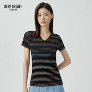 深呼吸DEEP BREATH女裝簡約休閑V領(lǐng)修身條紋莫代爾短袖T恤女A301159 黑-彩條 M (3碼)