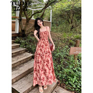 拓澀（TUOSE）夏季新款女裝氣質(zhì)吊帶長(zhǎng)裙森系碎花高腰顯瘦收腰長(zhǎng)款抹胸連衣裙 紅色 S