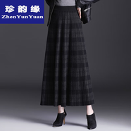 珍韻緣針織半身裙女冬天配羊毛裙中長款大擺a字裙厚款毛線格子長裙 灰格子 永0269-33 均碼