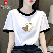 皮爾卡丹撞色減齡上衣歐貨純棉短袖t恤女2025夏季新款灰色正肩寬松體恤潮 白插黑-愛心米奇 L 111-125斤