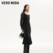 VEROMODA連衣裙2024秋季女裝新款天鵝絨拼接網(wǎng)紗魚(yú)尾長(cháng)裙鉆石領(lǐng)東方簡(jiǎn)奢風(fēng) 紗袖絲絨裙-黑色 L