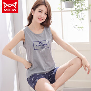 貓人（MiiOW）夏款女裝睡衣女夏純棉背心帶胸墊套裝夏天全棉短袖家居服兩件套 灰色 XL
