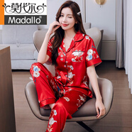 莫代爾冰絲睡衣女夏季薄款開(kāi)衫大碼短袖長(cháng)褲仿真絲甜美高級感家居服套裝 洛陽(yáng)花開(kāi) XL(120-135斤)