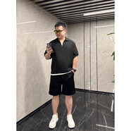 軒森圖（XUANSENTU）夏季微胖男生顯瘦穿搭短袖T恤男胖子大碼潮牌假兩件半袖t體恤ins 黑色純色T恤衫+黑色短褲 3XL 建議190-210斤