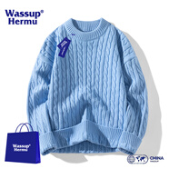 WASSUP HERMU官方毛衣男女秋冬季純色圓領(lǐng)粗麻花針織衫加絨加厚線(xiàn)衣休閑外套 藍色 XL （推薦120-140斤）