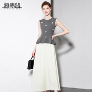 海青藍高級感復古收腰小香風(fēng)釘珠立體花朵無(wú)袖背心上衣高腰半身裙兩件套 灰色 L