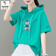 啄木鳥(niǎo)棉連帽衫短袖T恤女2025夏季薄款衛衣寬松帶帽t恤半袖上衣 1102/綠色-大熊 L 建議100-115斤