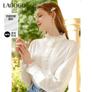 LAGOGO【抗菌抗皺】法式木耳邊白襯衫女士拉谷谷春秋長(cháng)袖立領(lǐng)上衣 本白色(V1) M