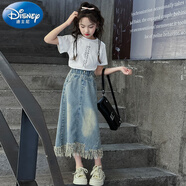 迪士尼（Disney）女童裙子夏季牛仔裙2025新款洋氣兒童韓版大童休閑短袖半身裙套裝 【兩件套】牛仔裙+短袖T恤 140 cm