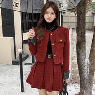 SELILECO新年過年衣服套裝女小香風(fēng)牛仔拼接設(shè)計(jì)感長(zhǎng)袖毛呢外套百褶短裙秋 紅色外套 XL 建議121-130斤