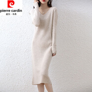 皮爾卡丹（pierre cardin）冬季新款女羊毛連衣裙修身長(zhǎng)裙包臀毛衣裙超長(zhǎng)款打底過(guò)膝針織長(zhǎng)裙 米駝色V領(lǐng) 2XL