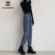AEMAPE2026秋冬季新款女裝高腰牛仔褲女寬松韓版學(xué)生復古直筒哈倫褲秋季 復古藍 2XL