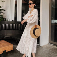 玉絲朵海邊穿搭沙灘裙女海邊度假長(cháng)裙早春法式泡泡袖大碼白色連衣 蕾絲裙吊帶 2XL