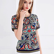 李紅國際2024短袖T恤衫Ｗ26169A印花彈力大碼女裝小圓領(lǐng)針織衫798 藍色 XXXL=170/100B