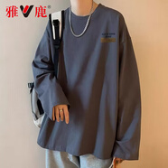 雅鹿純棉長(zhǎng)袖T恤男港風(fēng)潮牌寬松圓領(lǐng)夏季薄款體恤棉T潮流男女同款 396款深灰色-純棉 2XL 【建議體重140-160斤】