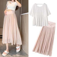 米度麗孕婦裝夏裝上衣遮肚孕婦t恤春夏季寬松短袖娃娃打底衫天絲雪紡衫 白色上衣+粉色半身裙 L（建議100-140斤左右）