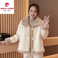 皮爾卡丹2025冬季新款小個(gè)子短款加厚羊羔毛外套女皮毛一體機(jī)車服夾克上衣 米白色 L 110-125