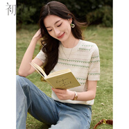 初申春夏短袖針織T恤女時尚圓領(lǐng)清爽條紋通勤休閑針織衫上衣S52T033