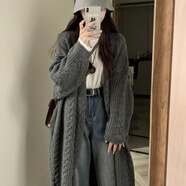 CTOX長款毛衣開衫外套女2024新款韓系女加厚毛衣灰色粗針麻花針織外套 灰色 M 【建議95-110斤】