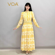 VOA真絲喬其紗塔克褶減齡設計雙層面料百褶桑蠶絲連衣裙 AE1299 黃紗浣碧（Y8） L