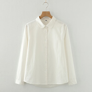 暖喬全棉白襯衫女長袖果糖色中厚文藝小清新工裝春秋寬松純棉襯衣 白色 M（120-130斤）