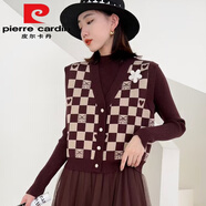 皮爾卡丹（pierre cardin）小香風(fēng)黑色打底針織連衣裙女秋冬修身顯瘦純色百搭網(wǎng)紗拼接毛衣裙 方格蝴蝶結(jié)馬甲咖色 均碼 85-135斤