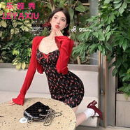 樂雅秀韓系甜美碎花開衫吊帶裙兩件套夏日新款顯白氣質(zhì)花邊蕾絲連衣裙女 黑色連衣裙開衫 M 90-105斤