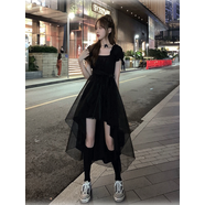 GUOCILRN黑色方領(lǐng)規則網(wǎng)紗復古法式裙子泡泡袖前短后長(cháng)連衣裙腰帶女高級感 黑色 M
