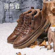漫步者休閑鞋男冬季新款高幫加絨棉鞋復(fù)古皮面工裝鞋時(shí)尚馬丁靴 棕色 39