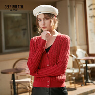 深呼吸DEEP BREATH女裝V領(lǐng)麻花純羊毛針織開(kāi)衫上衣女A400908 紅 S (2)