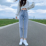 GOCHIEI薄款可調(diào)節(jié)高腰牛仔褲女秋新款韓版闊腿九分直筒蘿卜哈倫褲潮 淺藍(lán)色 M