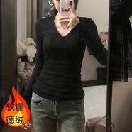粉媚夢德絨打底衫女V領(lǐng)黑色長袖t恤2025秋冬新款衣服女裝內(nèi)搭上衣可外穿 V領(lǐng)德絨打底衫黑色 M 【建議100-120斤】