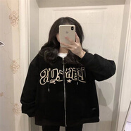 LIN-HUA BU女童連帽外套女孩衣服9一12歲初中生美式復古開(kāi)衫衛衣中大童女裝 黑色春秋款（現貨） 140 (建議身高125-135cm左右)