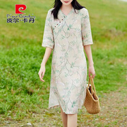 皮爾卡丹（pierre cardin）小個(gè)子改良旗袍印花棉麻裙女裝中式休閑亞麻V領(lǐng)套頭A字連衣裙薄款 杏色 2XL 建議140-160斤