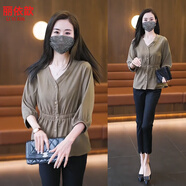 麗依歆高級(jí)感襯衫女2025春夏新款小個(gè)子穿搭V領(lǐng)小衫中袖時(shí)尚顯瘦襯衣 咖色上衣 M -【體重99-108斤】