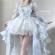 閃動少女（SHANDONGSHAONV）洛麗塔Lolita法式花嫁禮服抹胸連衣裙禮生日洋裝公主lo蘿莉塔 藍(lán)色吊帶裙+外披拖尾 (送裙撐) L 【建議105-130斤】