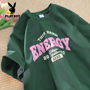 花花公子（PLAYBOY）純棉短袖t恤男2025夏季新款印花休閑體恤寬松五分袖上衣260g重磅 墨綠色 XL