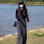 慕伊銘（MUYIMING）減齡氣質(zhì)設計感牛仔背帶褲女秋冬2025新款大碼胖mm開(kāi)叉吊帶連體褲 黑灰色開(kāi)叉牛仔背帶褲單件 S （建議80-95斤）